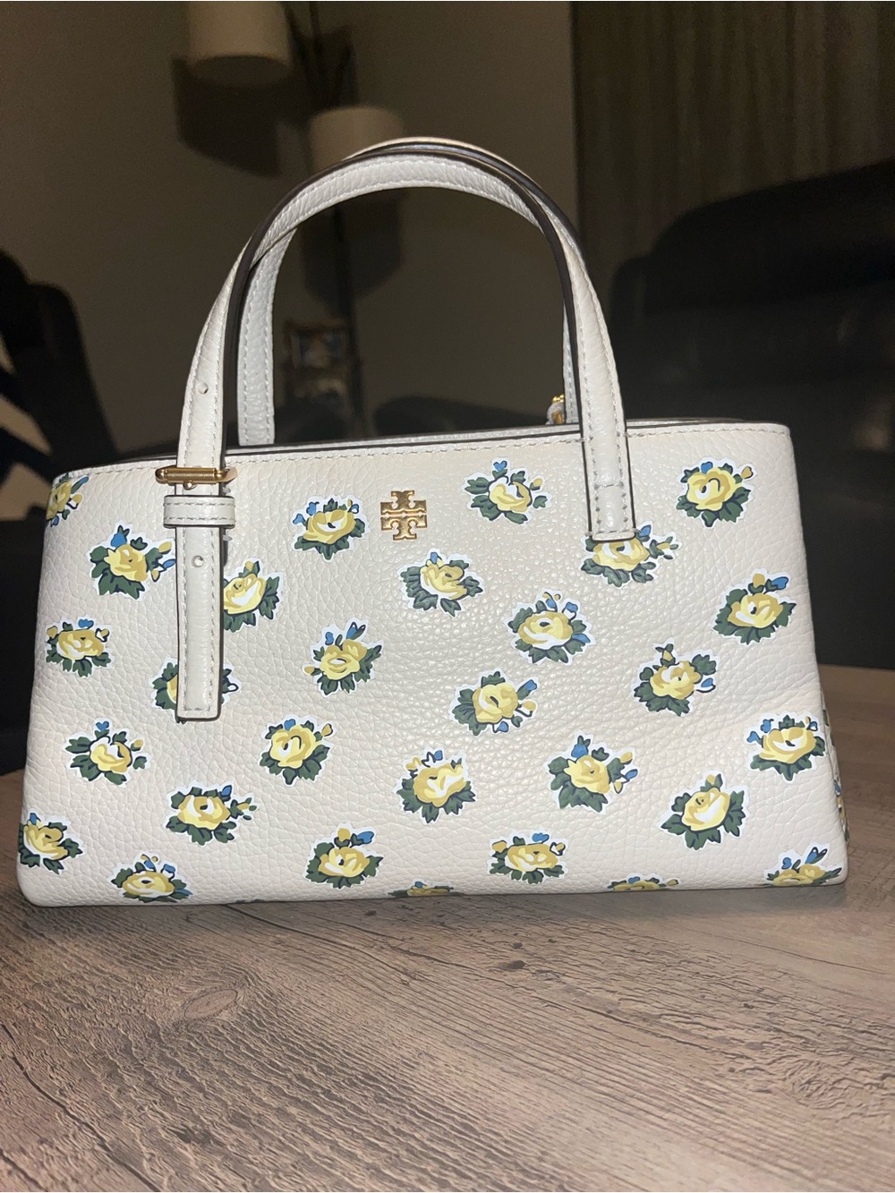 Tory Burch Pebble Leather Cream Floral Mini Satchel with Yellow & Green Accents